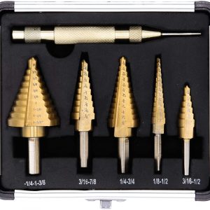 6-Piece-Step-Drill-Bit-Set-by-Volterin-Cone-Titanium-Coated-High-Speed-Steel-with-Box-Total-50-Sizes-|-Multi-Functional-Industrial-DIY-Metalworking