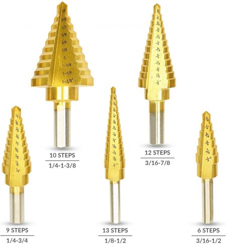 6-Piece-Step-Drill-Bit-Set-by-Volterin-Cone-Titanium-Coated-High-Speed-Steel-with-Box-Total-50-Sizes-|-Multi-Functional-Industrial-DIY-Metalworking