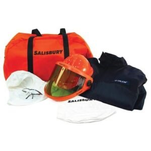 SALISBURY BY HONEYWELL 12 CAL ARC FLASH SUIT KIT COAT AND PANTS BALACLAVA W/ AS1200 HARD HAT SAFTEY GLASSES AND STORAGE BAG SIZE 2XL